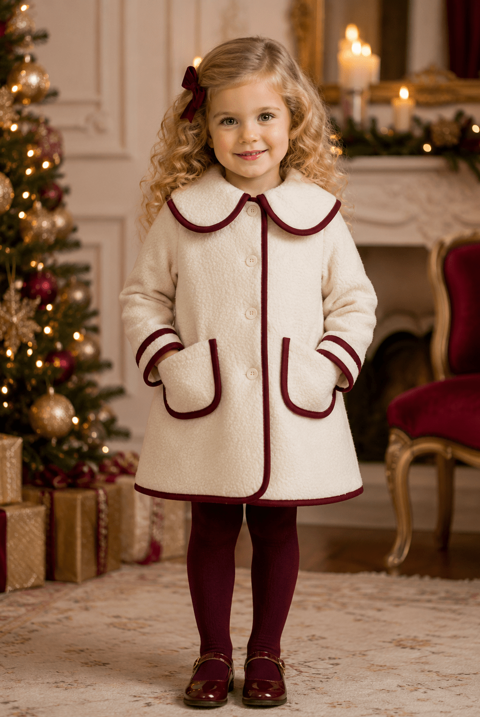 Be Chic girls ivory bouclé coat with burgundy trim made in Portugal AW26