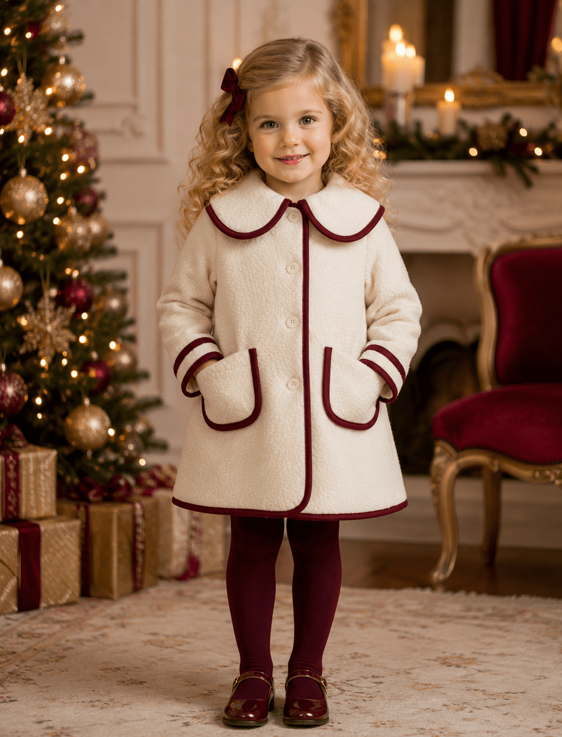 Be Chic girls ivory bouclé coat with burgundy trim made in Portugal AW26