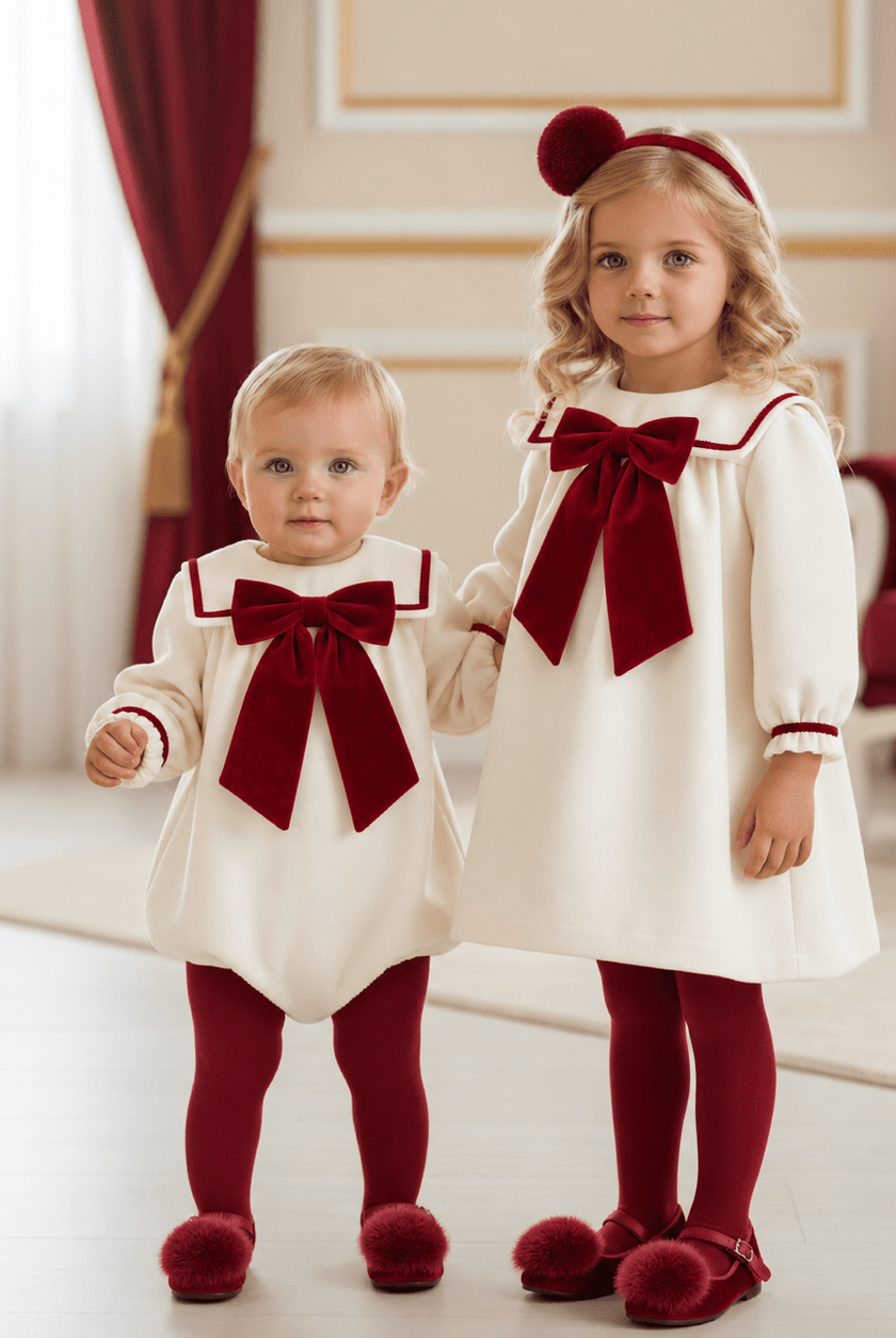 Be Chic Girls Ivory and Burgundy Velvet Bow Dress | AW26