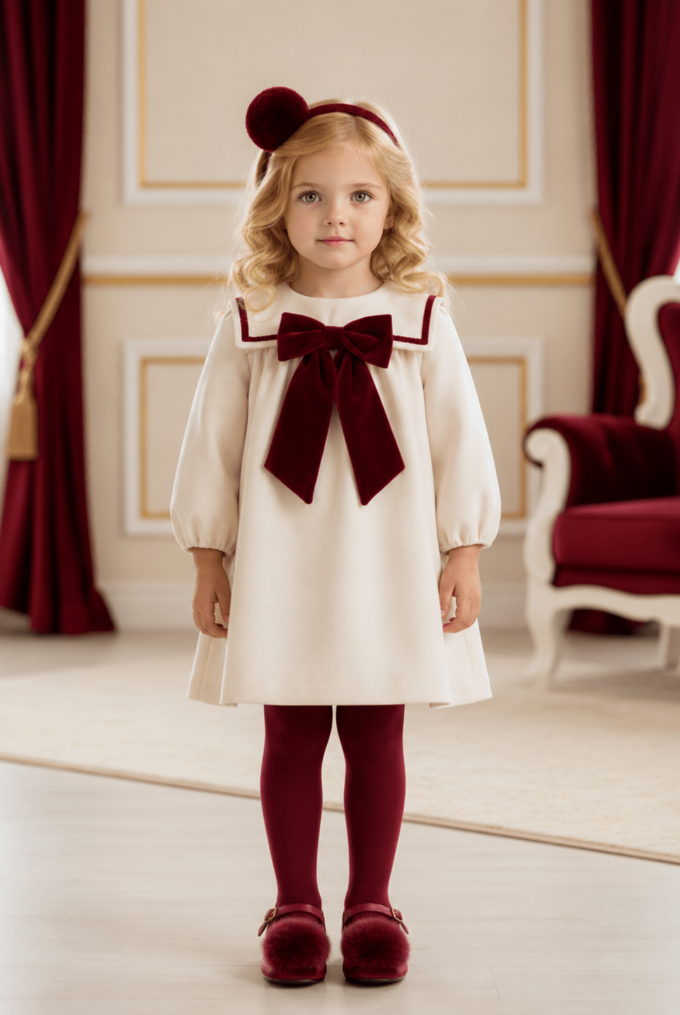 Be Chic Girls Ivory and Burgundy Velvet Bow Dress | AW26 PRE-ORDER