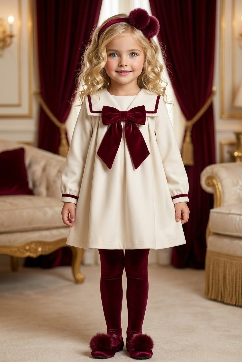 Be Chic girls ivory dress with burgundy velvet bow and sailor collar made in Portugal AW26