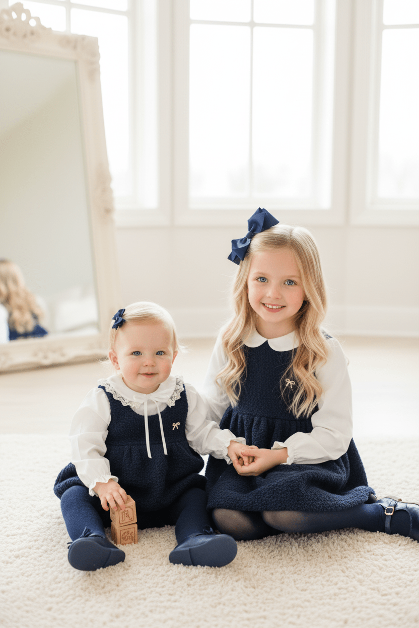 Be Chic girls navy bouclé pinafore dress with ivory lace collar blouse made in Portugal AW26