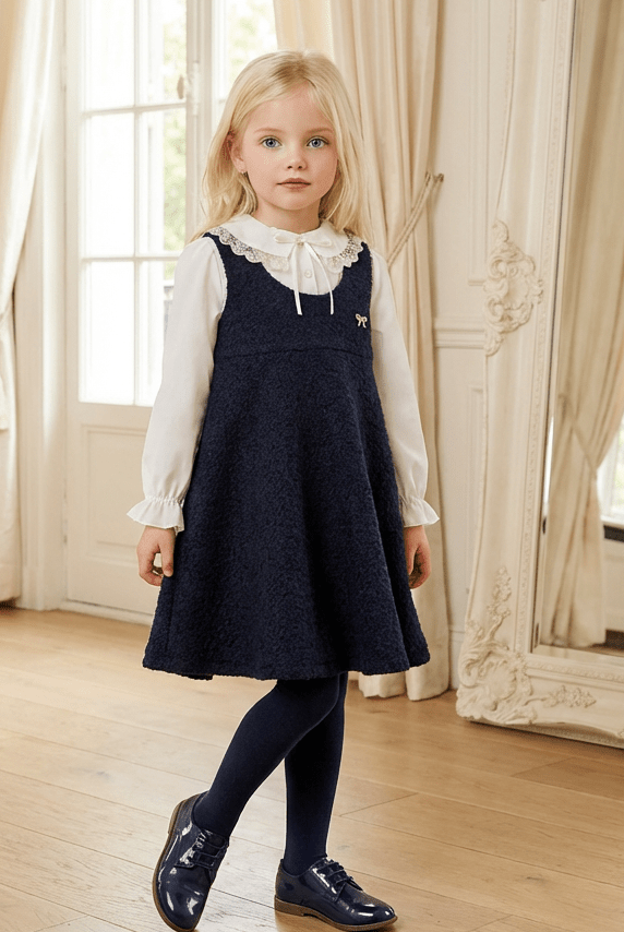 Be Chic girls navy bouclé pinafore dress with ivory lace collar blouse made in Portugal AW26