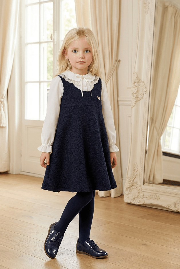 Be Chic girls navy bouclé pinafore dress with ivory lace collar blouse made in Portugal AW26