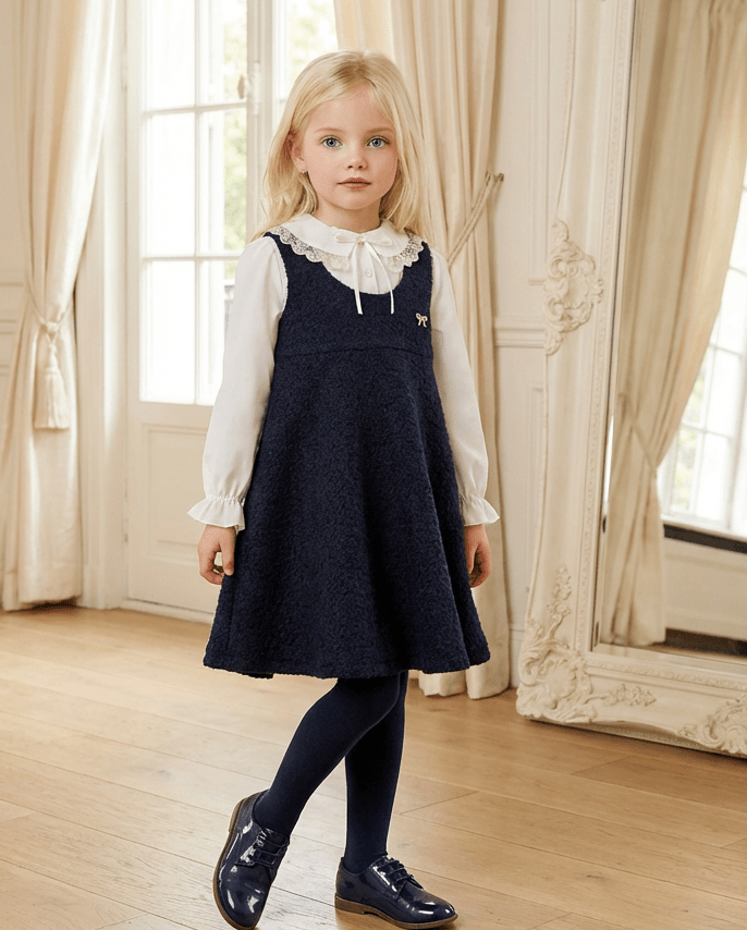 Be Chic girls navy bouclé pinafore dress with ivory lace collar blouse made in Portugal AW26