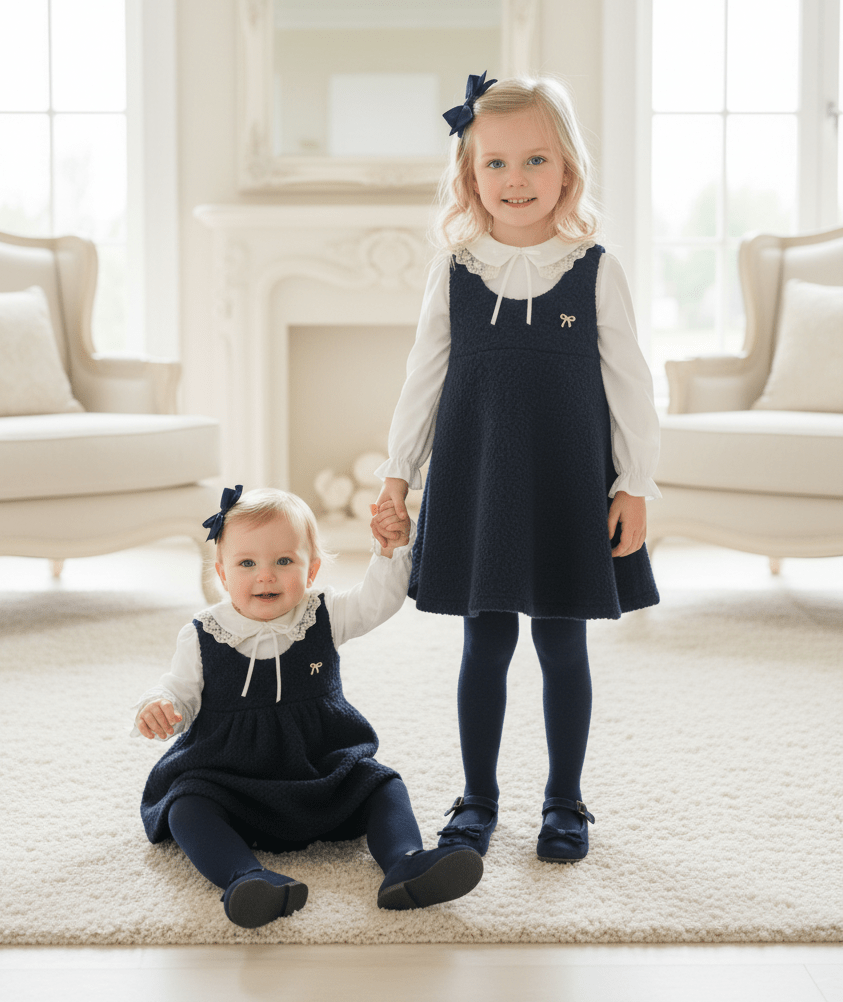Two young girls in matching navy blue boucle pinafore dress and matching romper with ivory ruffled long-sleeve shirts, standing and sitting together in a bright, elegant room with cream-colored furniture.