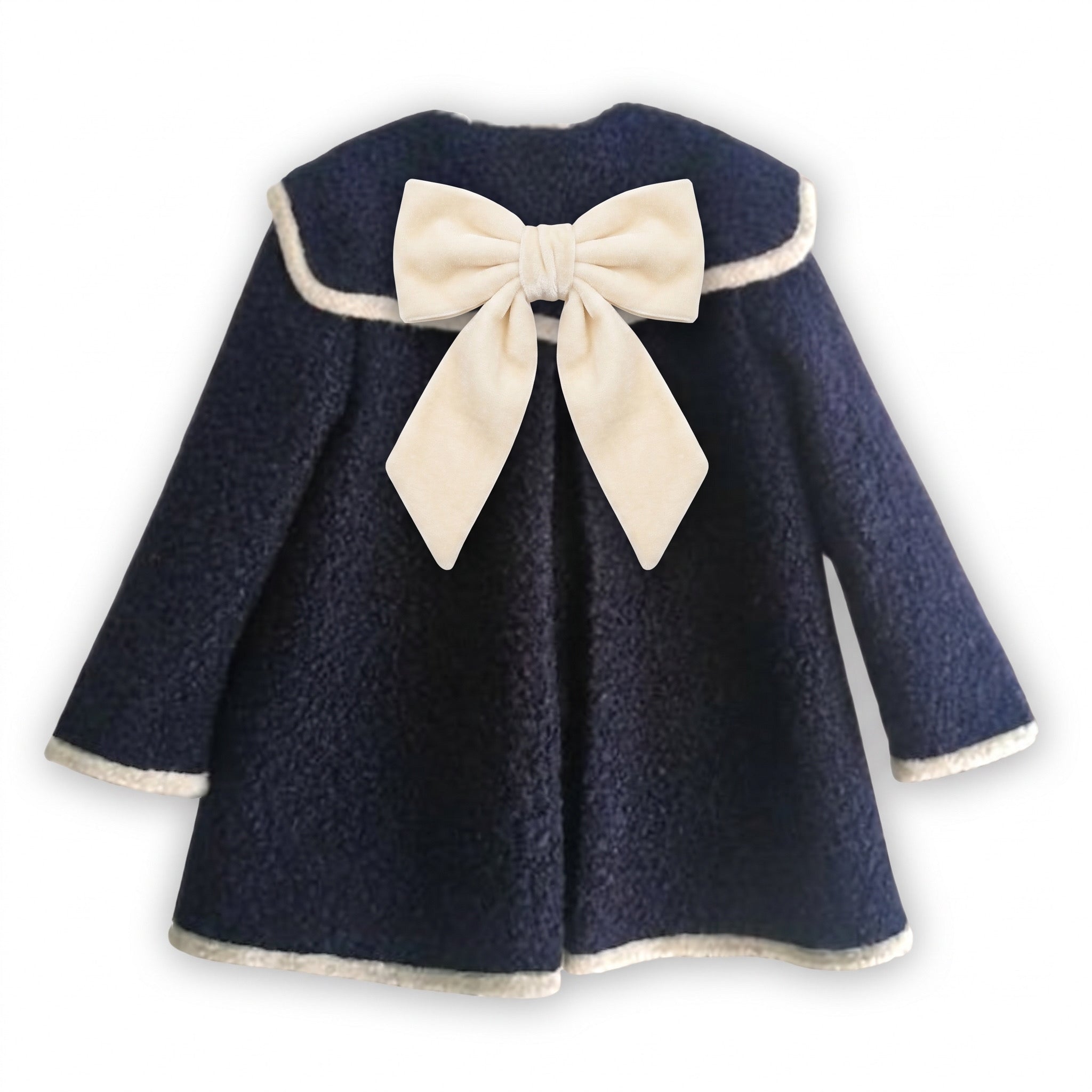 Be Chic girls navy bouclé coat with ivory trim and ivory velvet bow luxury Portuguese children's coat AW26