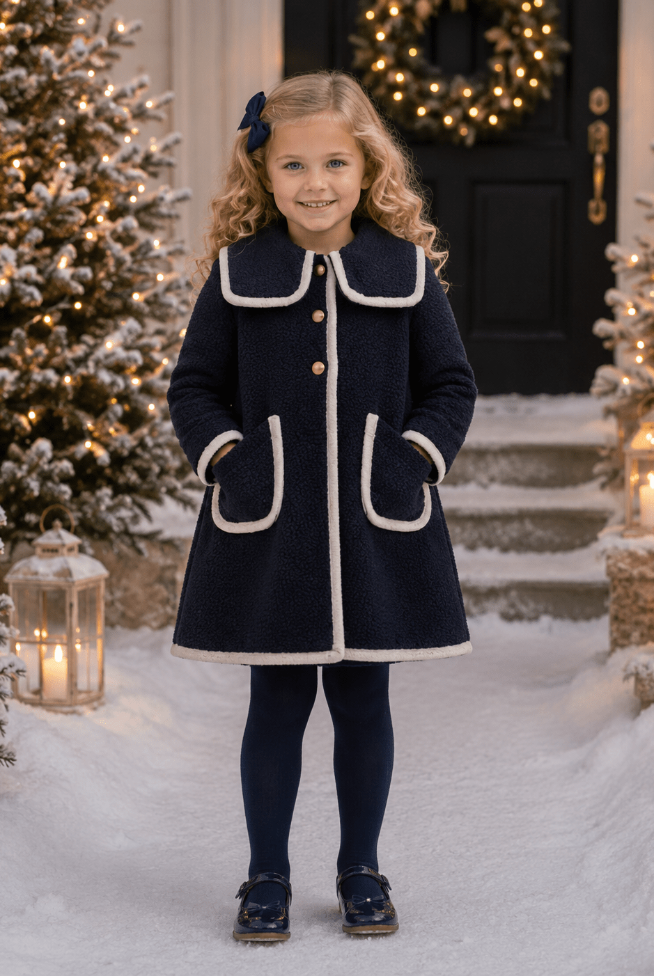 Be Chic girls navy bouclé coat with ivory trim and ivory velvet bow luxury Portuguese children's coat AW26