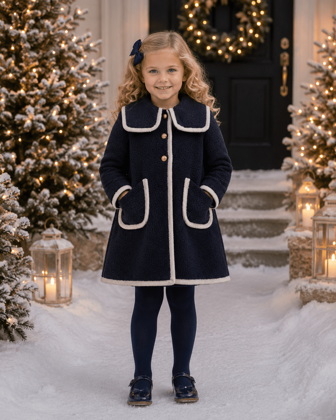 Be Chic girls navy bouclé coat with ivory trim and ivory velvet bow luxury Portuguese children's coat AW26