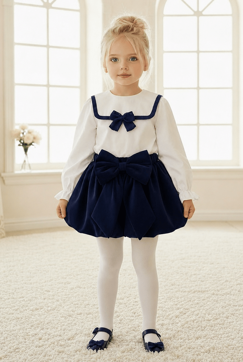 Be Chic girls navy velvet puffy shorts with ivory sailor blouse made in Portugal AW26