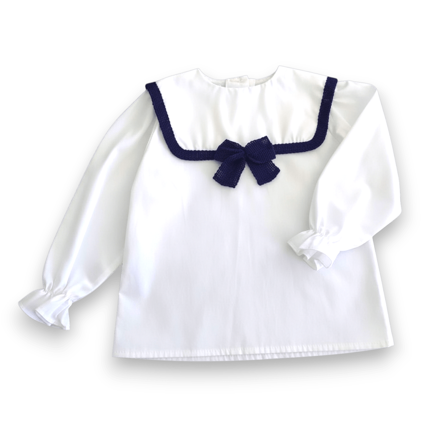 Be Chic girls navy velvet puffy shorts with ivory sailor blouse made in Portugal AW26