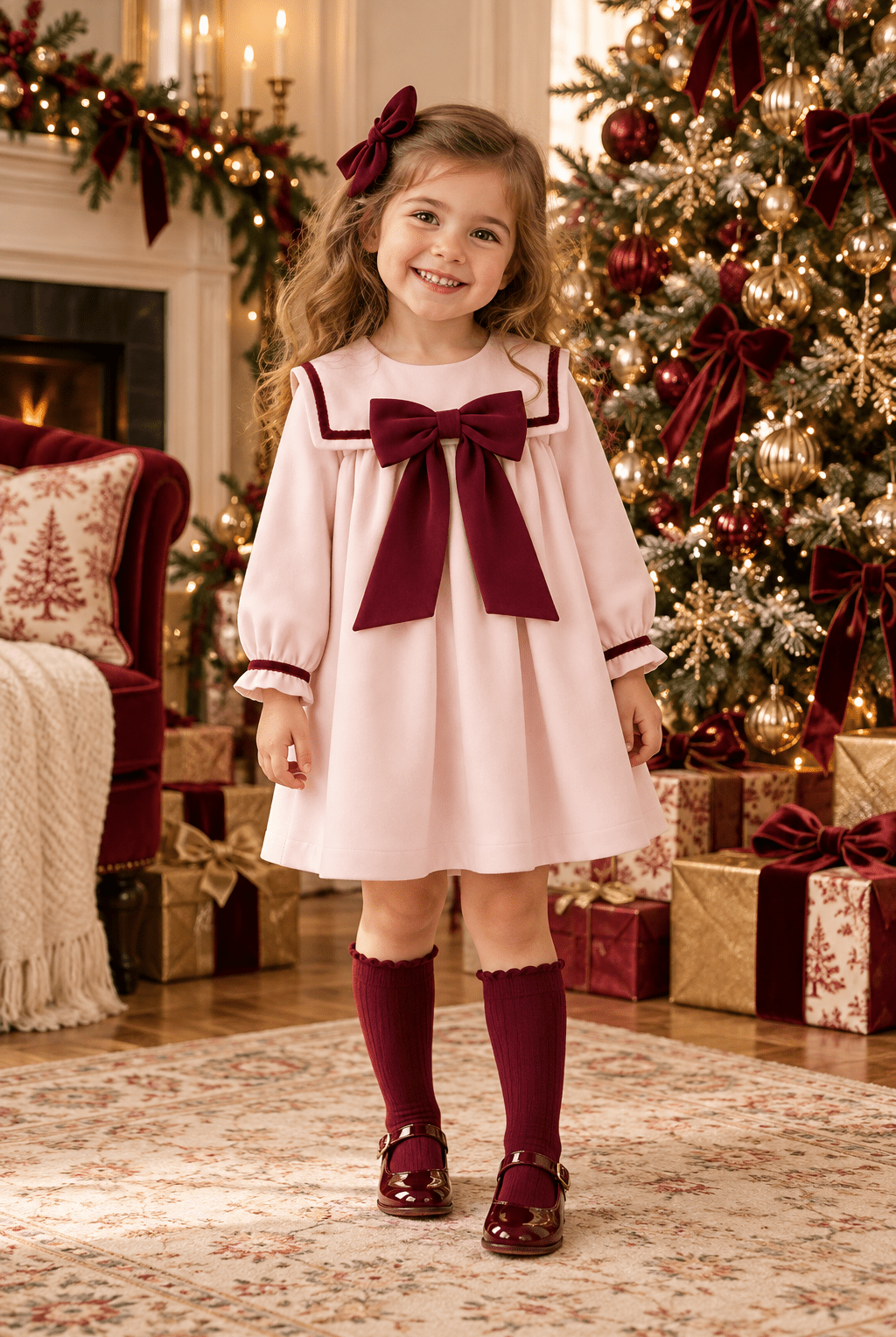 Be Chic Girls Pink & Burgundy Bow Dress | AW26 PRE-ORDER End OCT