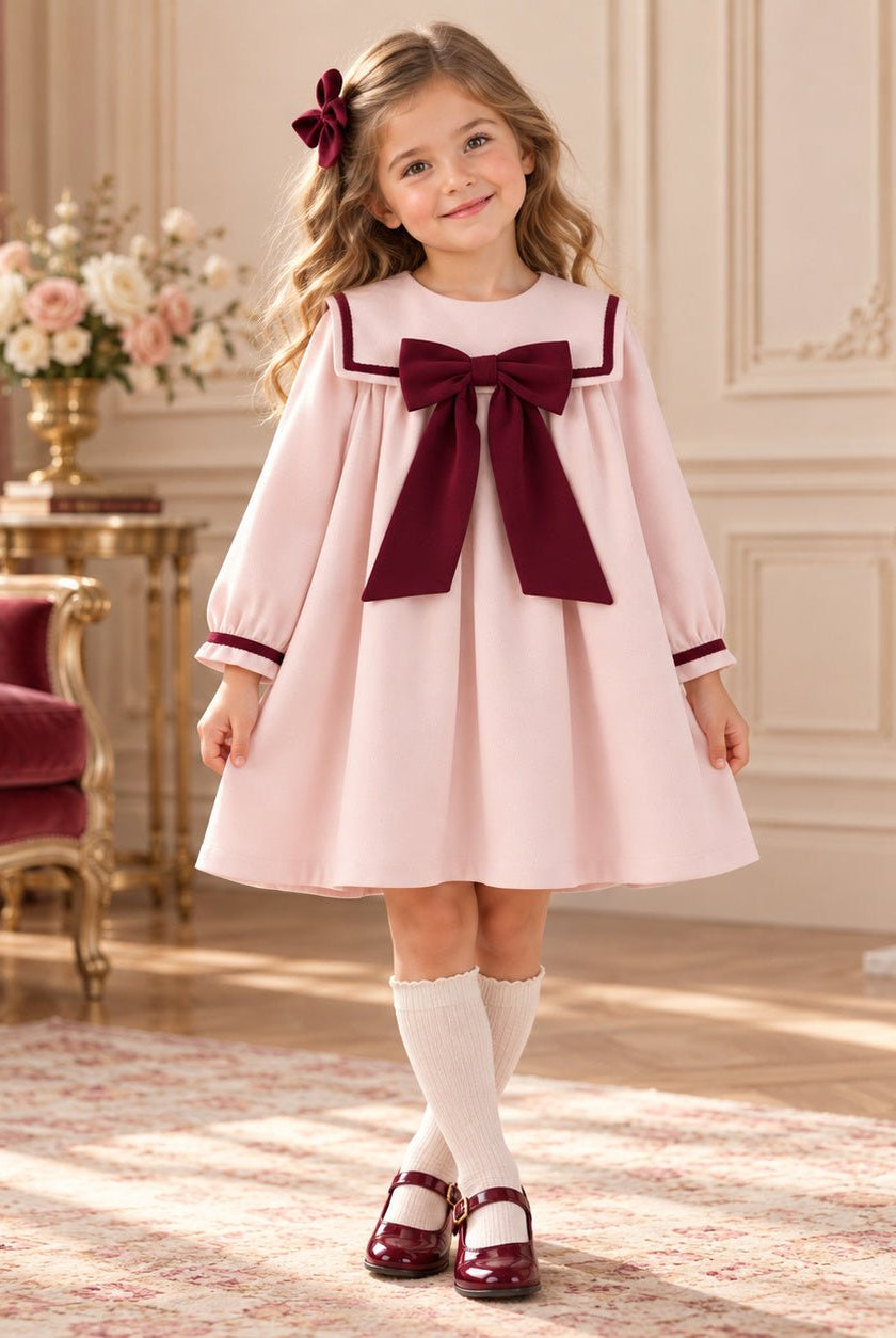 Be Chic Girls Pink & Burgundy Bow Dress | AW26 PRE-ORDER End OCT