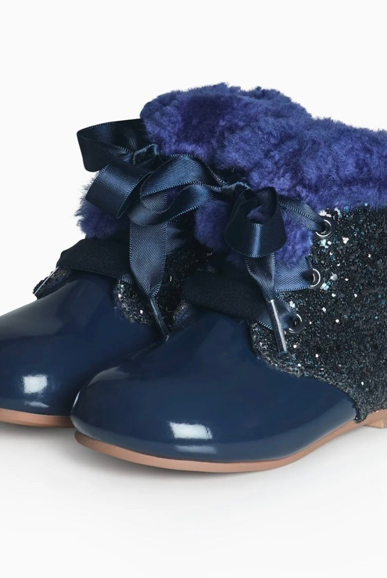 Beau KiD AW25 - Girls Navy Patent Faux Leather Glitter Boots