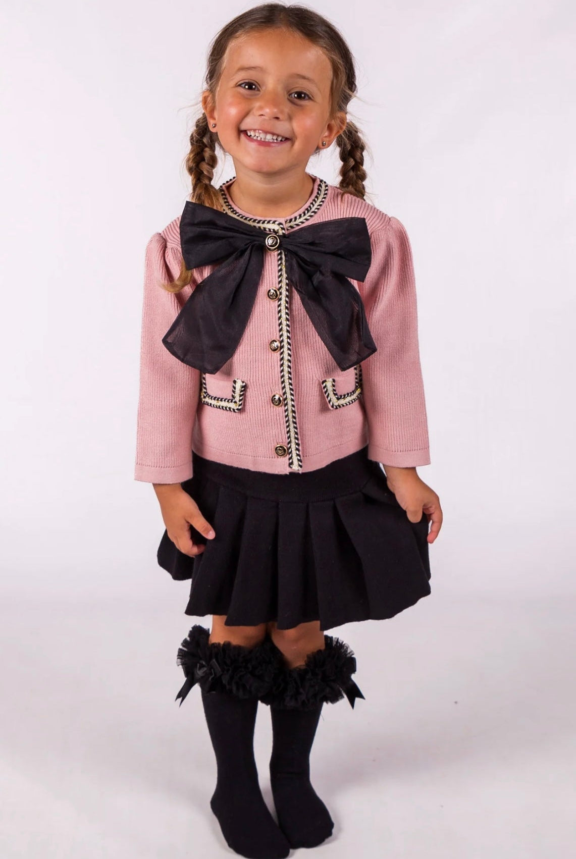 Beau KiD AW25 - Girls Pink & Black Knitted Skirt Set