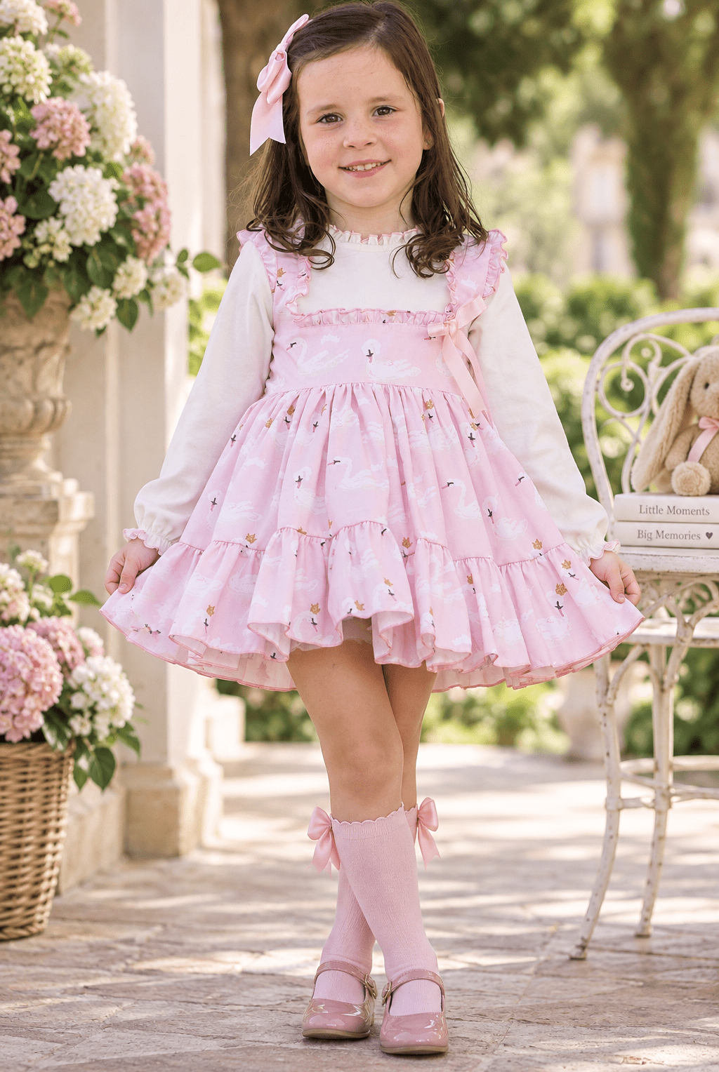 Belcoquet Girls Pink & Cream Swan Print Dress | Clearance Sale