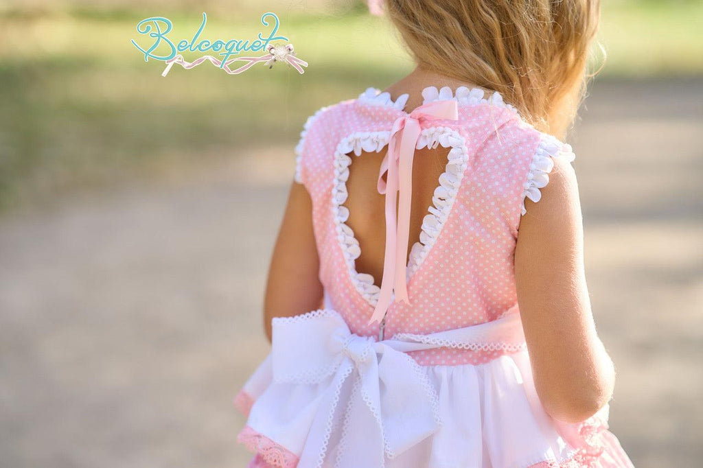 Belcoquet SS24 - Girls White & Pink Heart Back Puffball Dress & Headpiece - Mariposa Children's Boutique