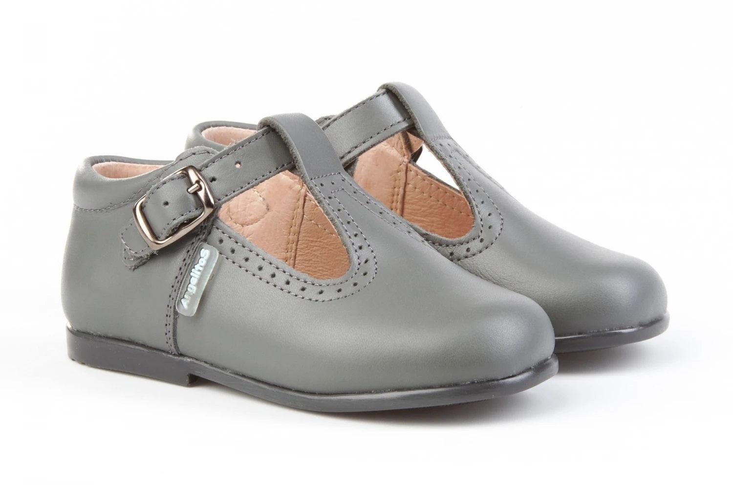 Boys' Grey Leather T - Bar Shoes | Angelitos Spanish Handmade Footwear - Mariposa Children's Boutique