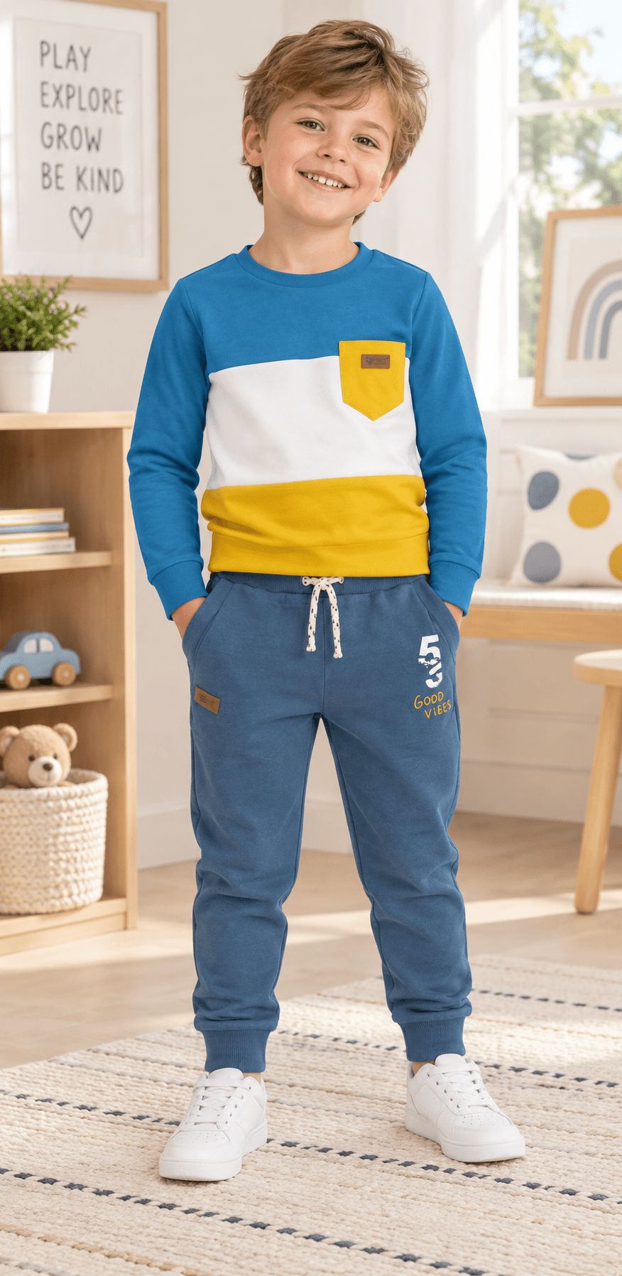 Young boy wearing blue tracksuit bottoms and matching long sleeved t-shirt
