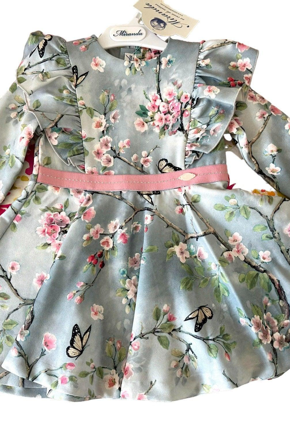 CLEARANCE DEAL - Miranda - Baby Girls Bluey Grey & Pink Floral Print Dress 153V - Mariposa Children's Boutique
