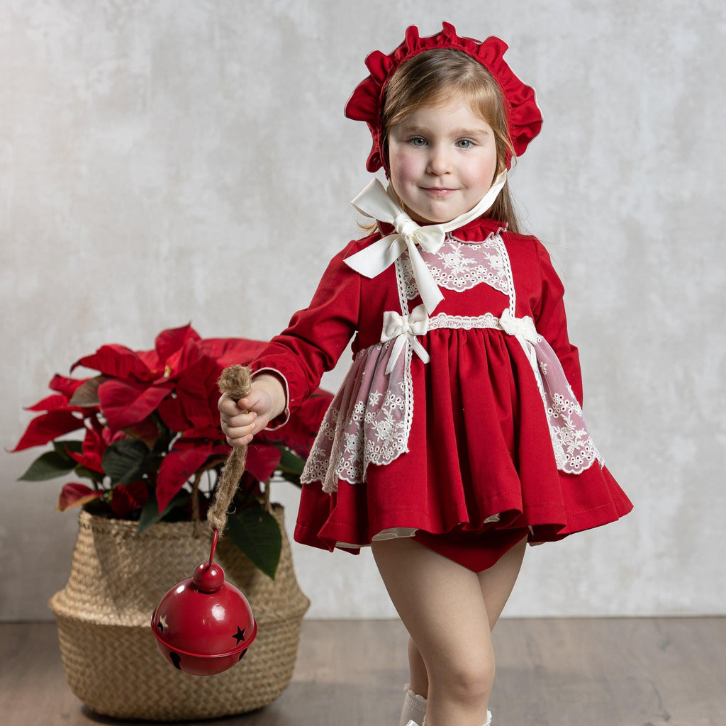 Abuela Tata AW23 Red & Cream Baby Dress, Knickers & Bonnet Set 