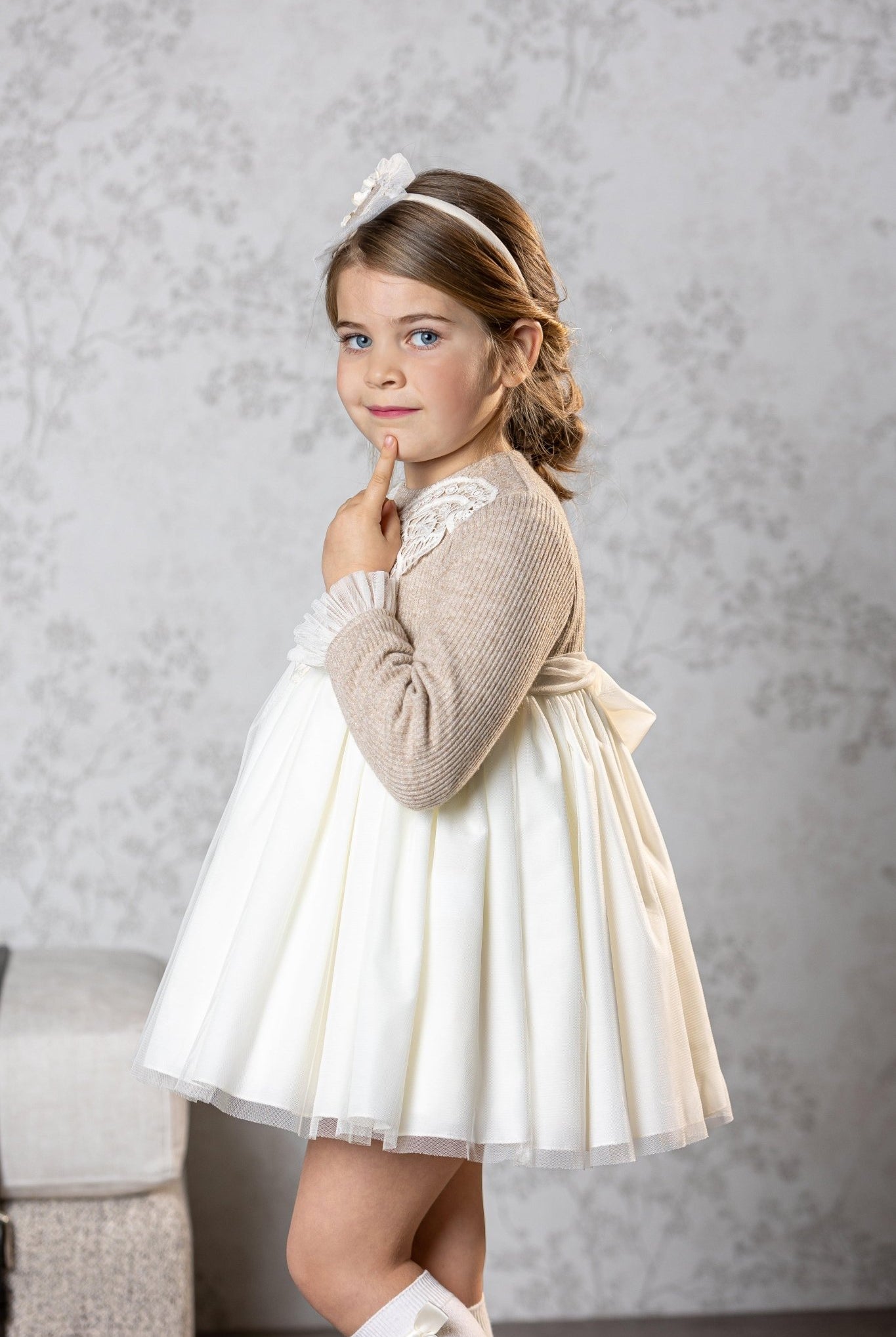 CLEARANCE SALE Abuela Tata - Girls Beige and Cream Dress & Headpiece - Mariposa Children's Boutique
