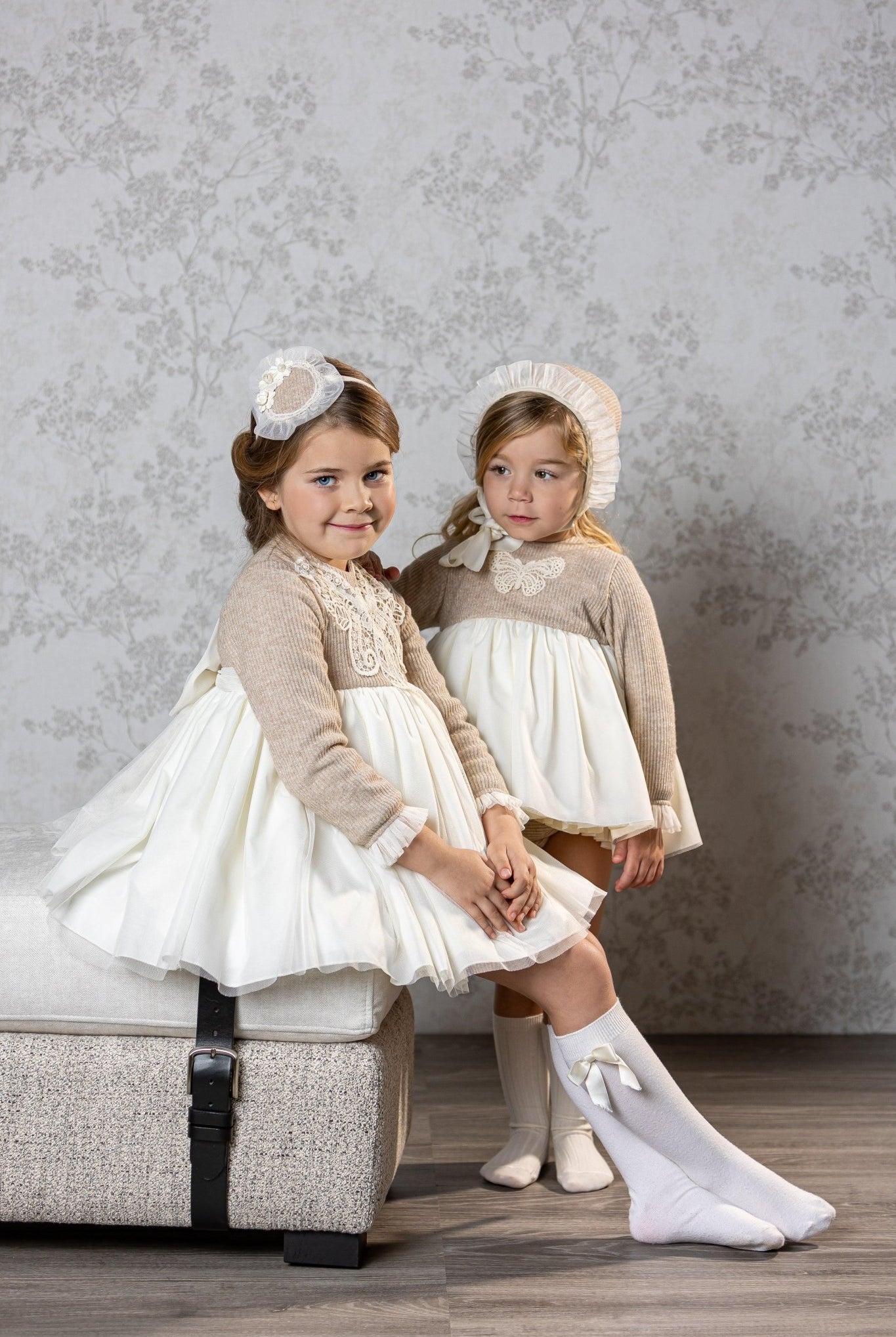 CLEARANCE SALE Abuela Tata - Girls Beige and Cream Dress & Headpiece - Mariposa Children's Boutique