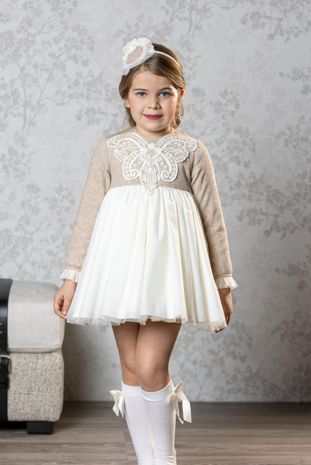 CLEARANCE SALE Abuela Tata - Girls Beige and Cream Dress & Headpiece - Mariposa Children's Boutique