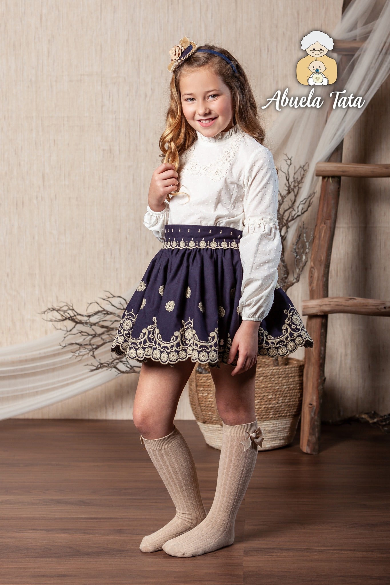 Clearance Sale Abuela Tata - Girls Navy & Gold Skirt with Matching Blouse