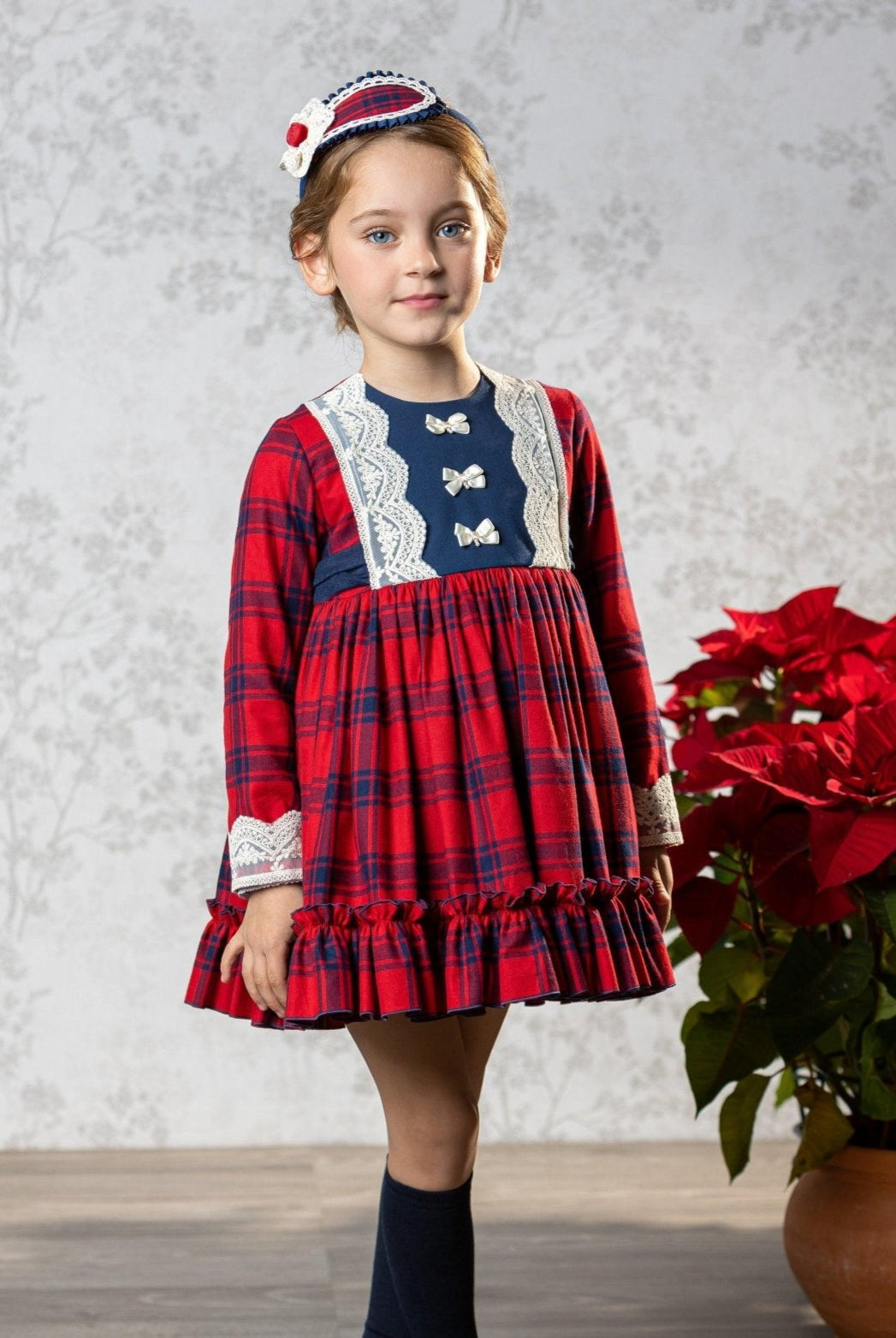 CLEARANCE SALE Abuela Tata - Girls Red & Navy Check Dress & Headpiece - Mariposa Children's Boutique