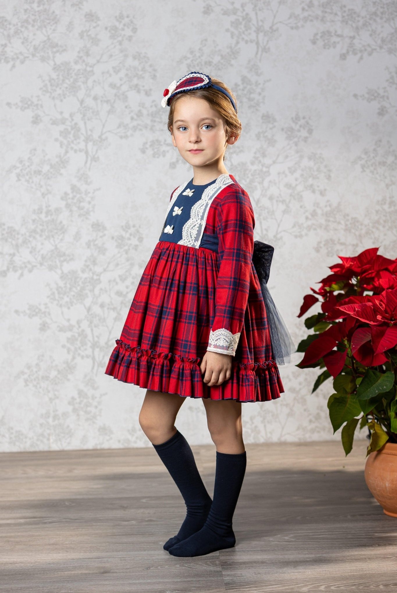 CLEARANCE SALE Abuela Tata - Girls Red & Navy Check Dress & Headpiece - Mariposa Children's Boutique