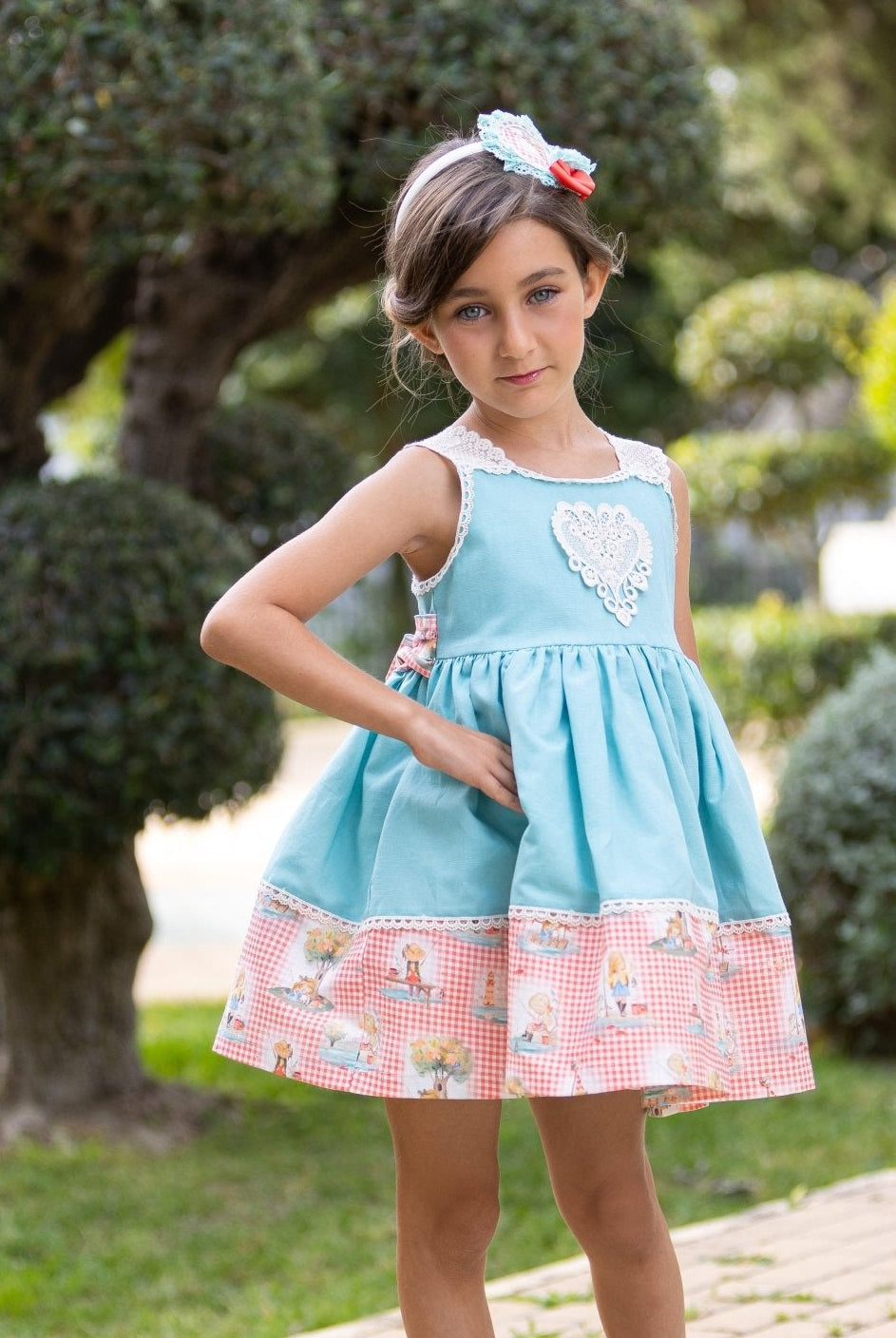 CLEARANCE SALE - Abuela Tata SS24 - Girls Turquoise Blue Dress with Printed Hem 352 - Mariposa Children's Boutique