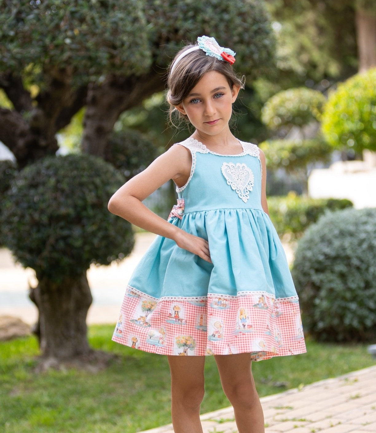 CLEARANCE SALE - Abuela Tata SS24 - Girls Turquoise Blue Dress with Printed Hem 352 - Mariposa Children's Boutique