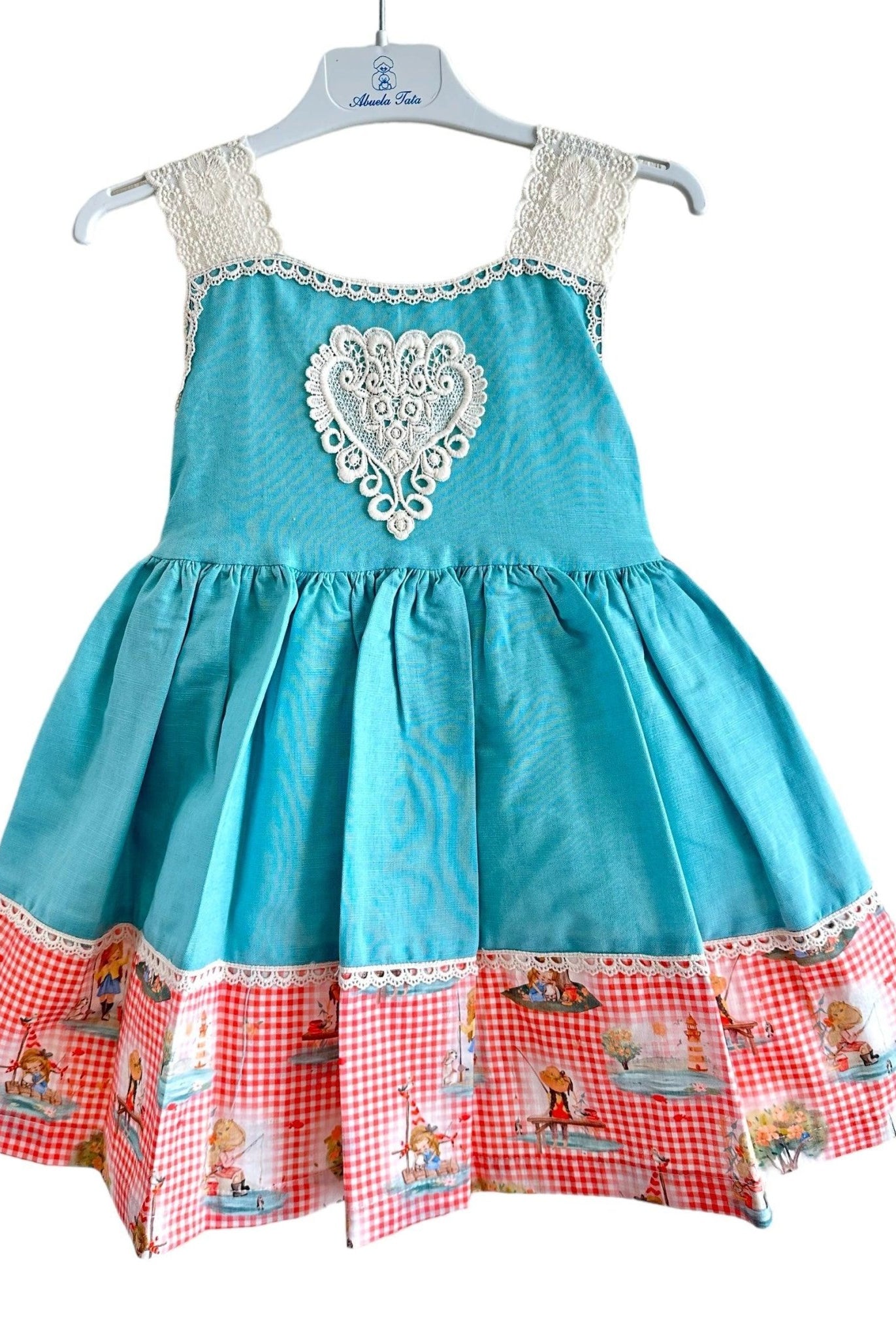 CLEARANCE SALE - Abuela Tata SS24 - Girls Turquoise Blue Dress with Printed Hem 352 - Mariposa Children's Boutique