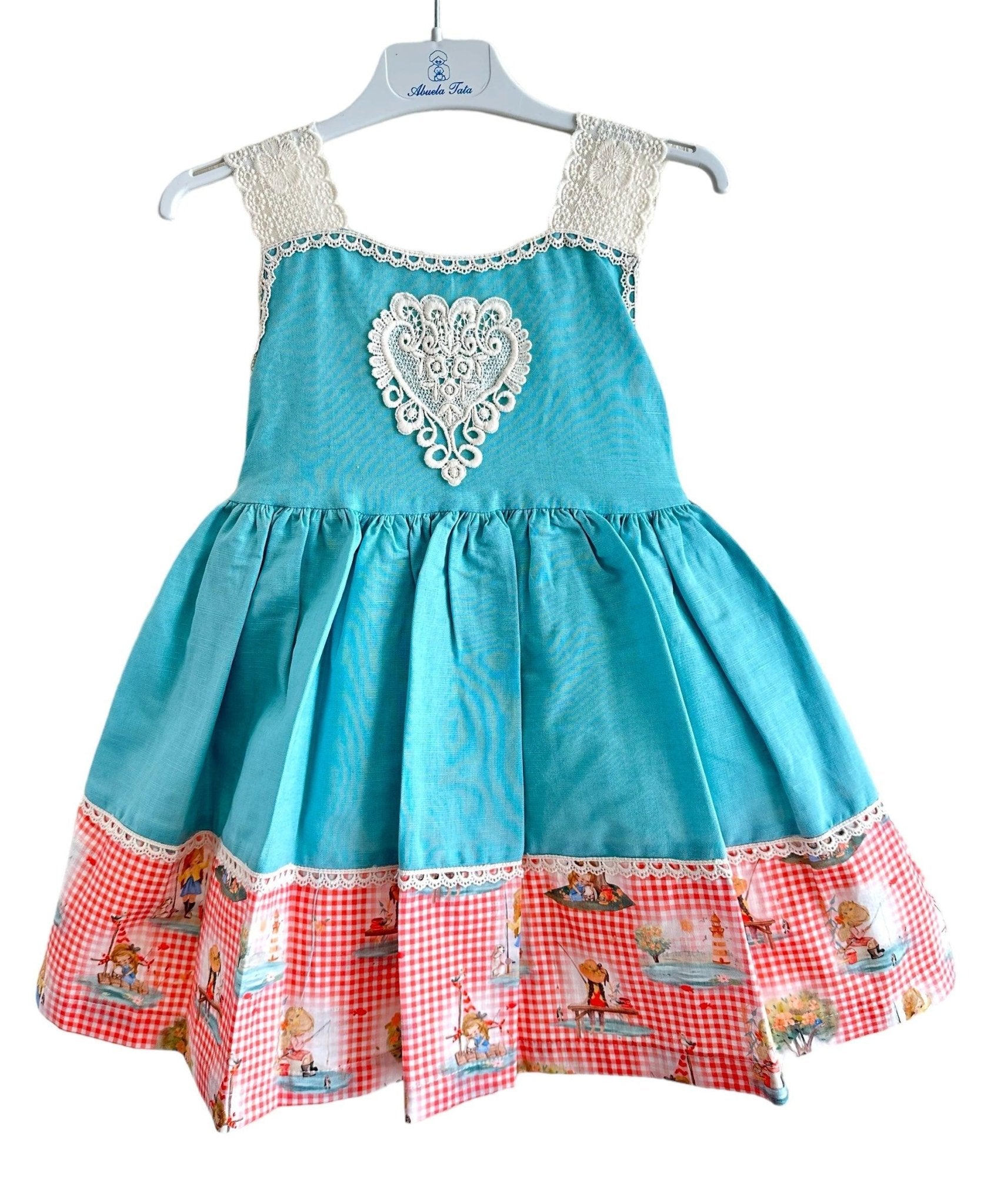 CLEARANCE SALE - Abuela Tata SS24 - Girls Turquoise Blue Dress with Printed Hem 352 - Mariposa Children's Boutique