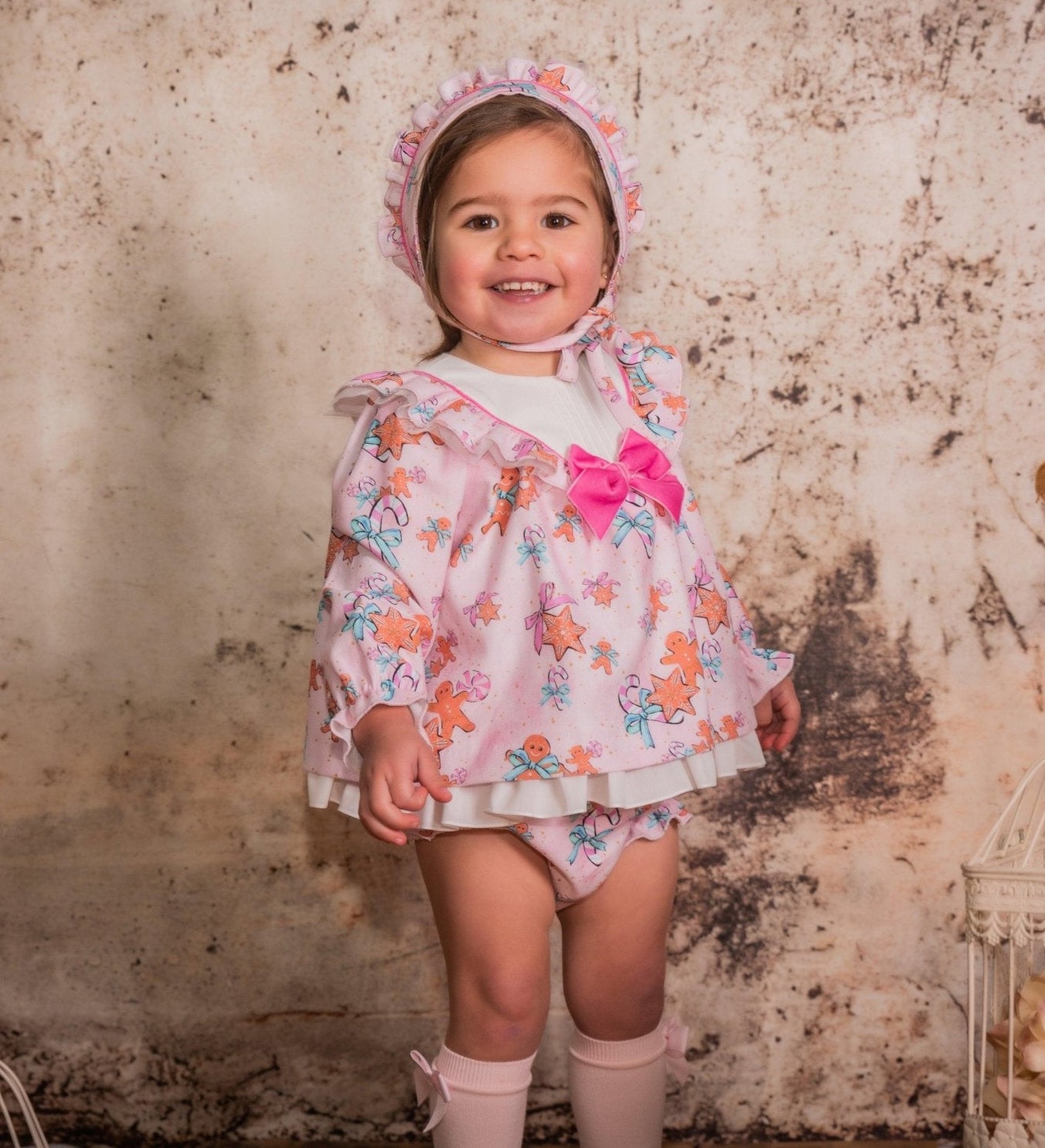 CLEARANCE SALE Babine - Baby Girl's Gingerbread Dress with Matching Knickers & Bonnet - Mariposa Children's Boutique