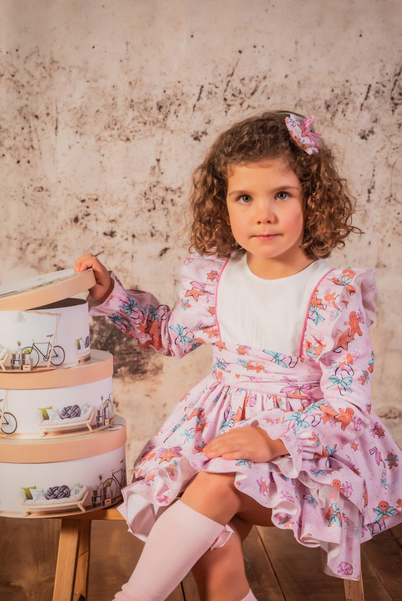 CLEARANCE SALE Babine - Girls Pink Print Gingerbread Dress & Headpiece - Mariposa Children's Boutique