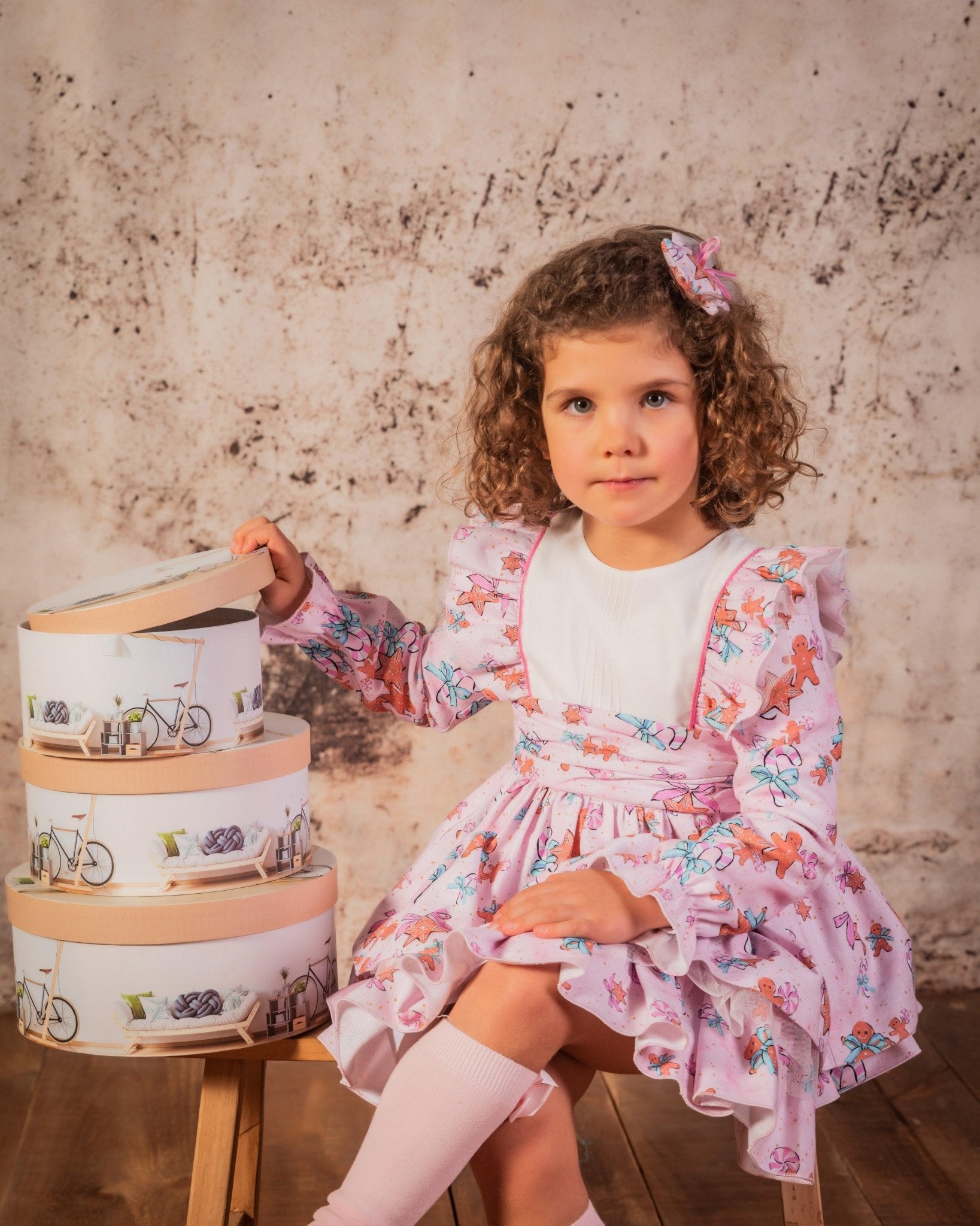 CLEARANCE SALE Babine - Girls Pink Print Gingerbread Dress & Headpiece - Mariposa Children's Boutique