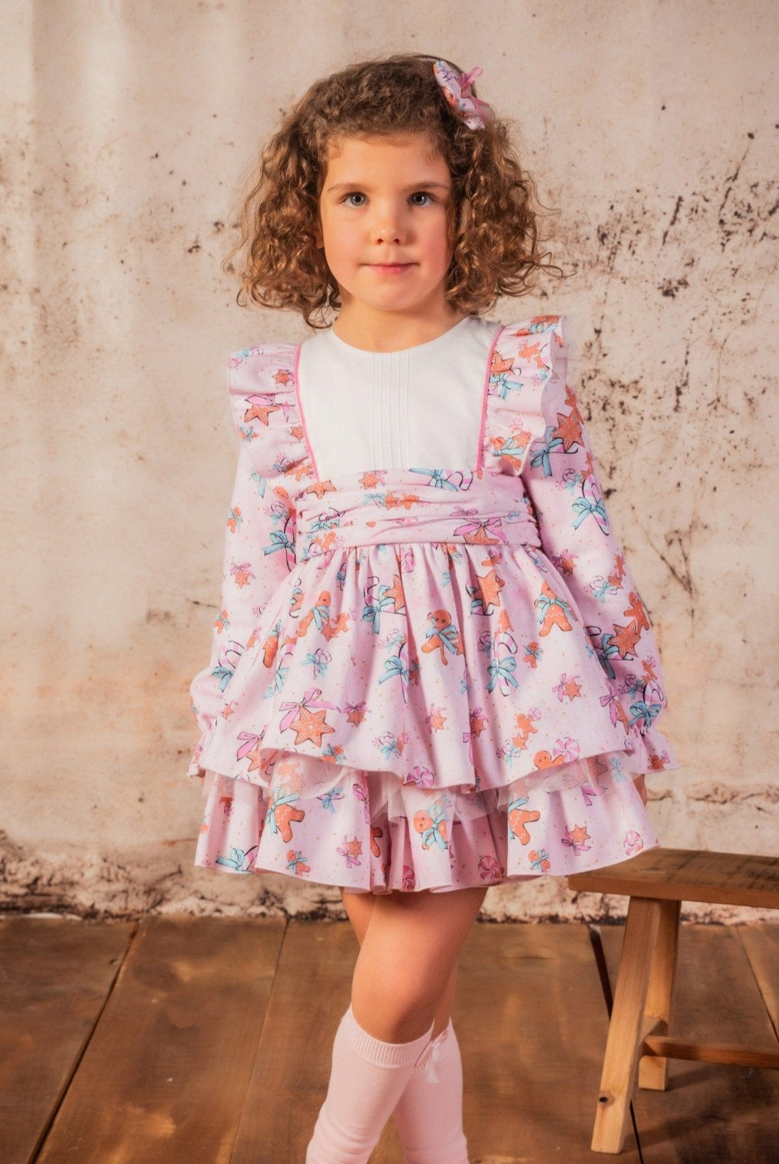 CLEARANCE SALE Babine - Girls Pink Print Gingerbread Dress & Headpiece - Mariposa Children's Boutique
