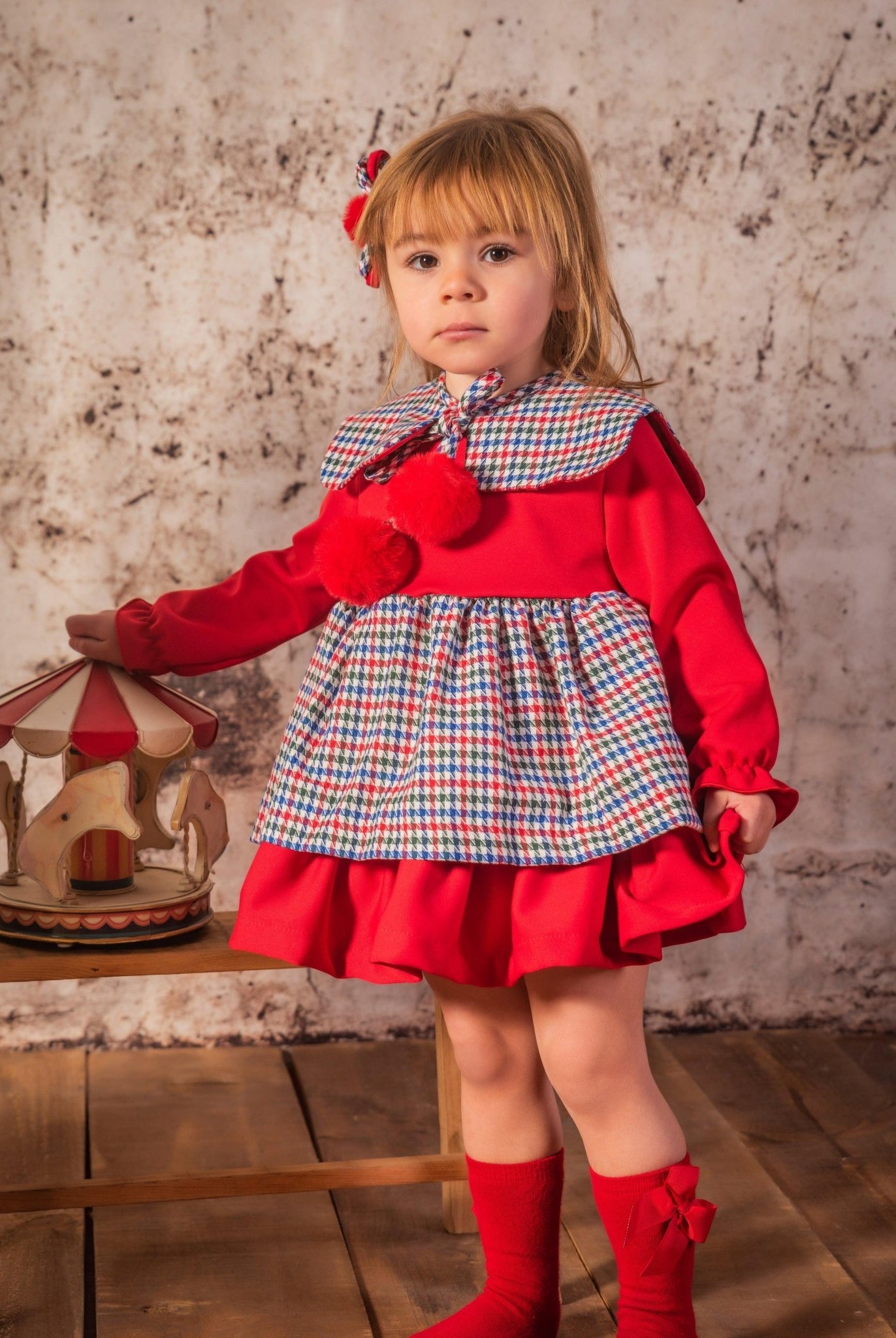 CLEARANCE SALE Babine - Girls Red & Navy Dogtooth Print Dress - Mariposa Children's Boutique