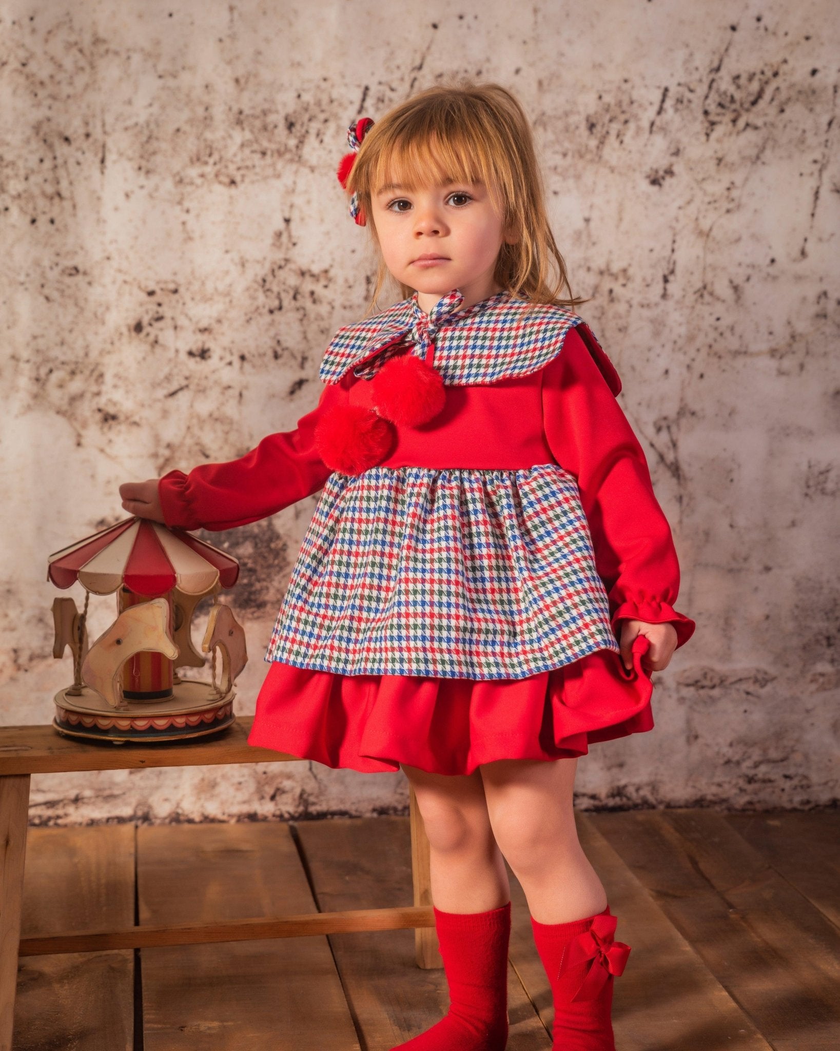 CLEARANCE SALE Babine - Girls Red & Navy Dogtooth Print Dress - Mariposa Children's Boutique