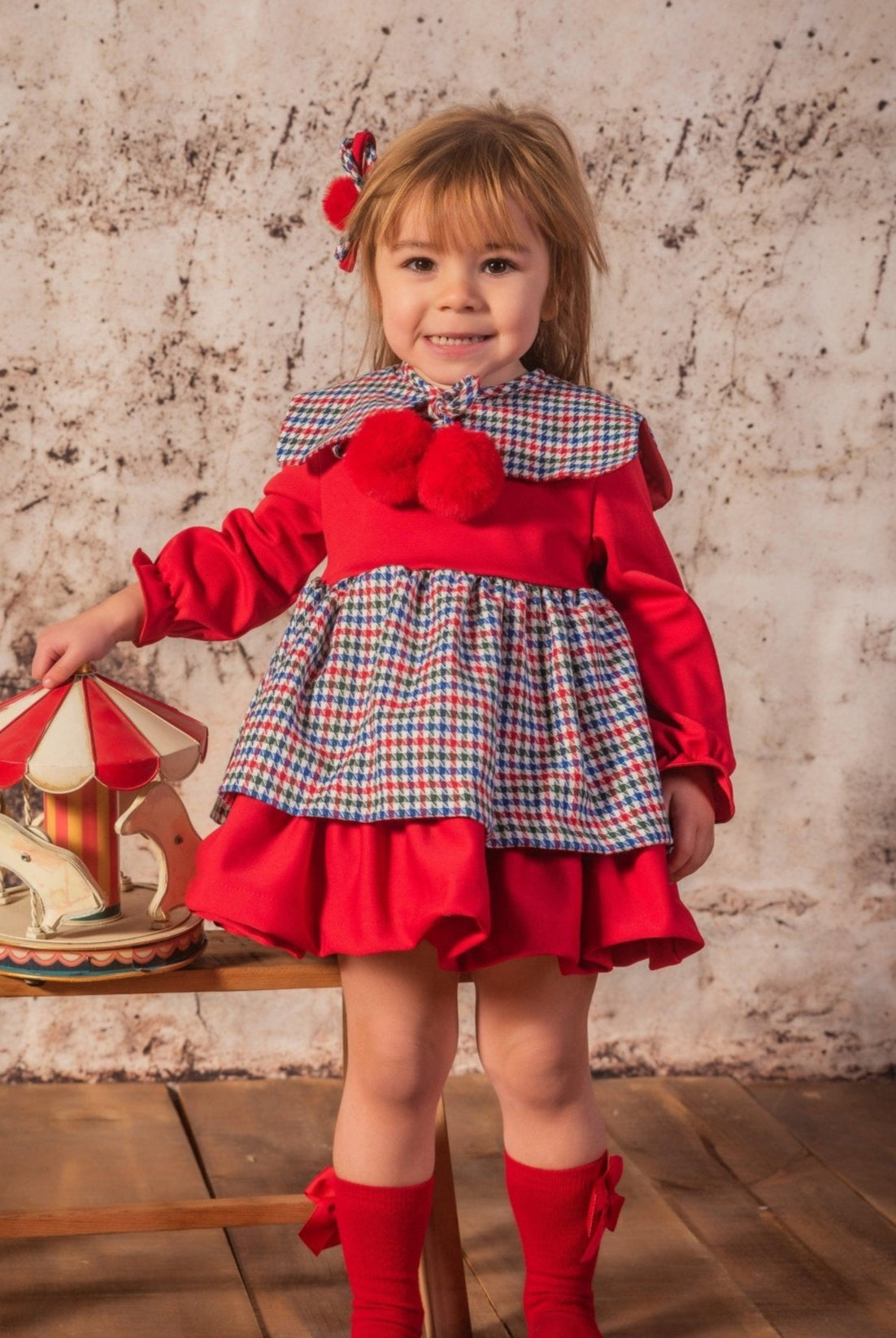 CLEARANCE SALE Babine - Girls Red & Navy Dogtooth Print Dress - Mariposa Children's Boutique