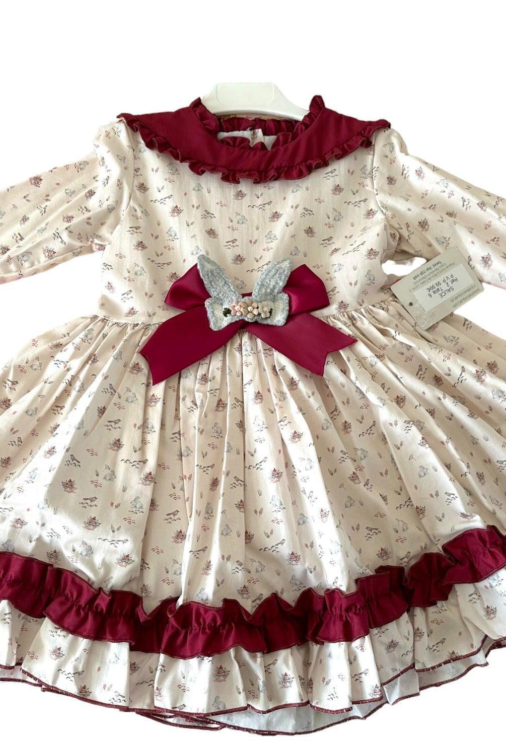 CLEARANCE SALE Belcoquet - Girls Cream & Burgundy Print Dress - Mariposa Children's Boutique
