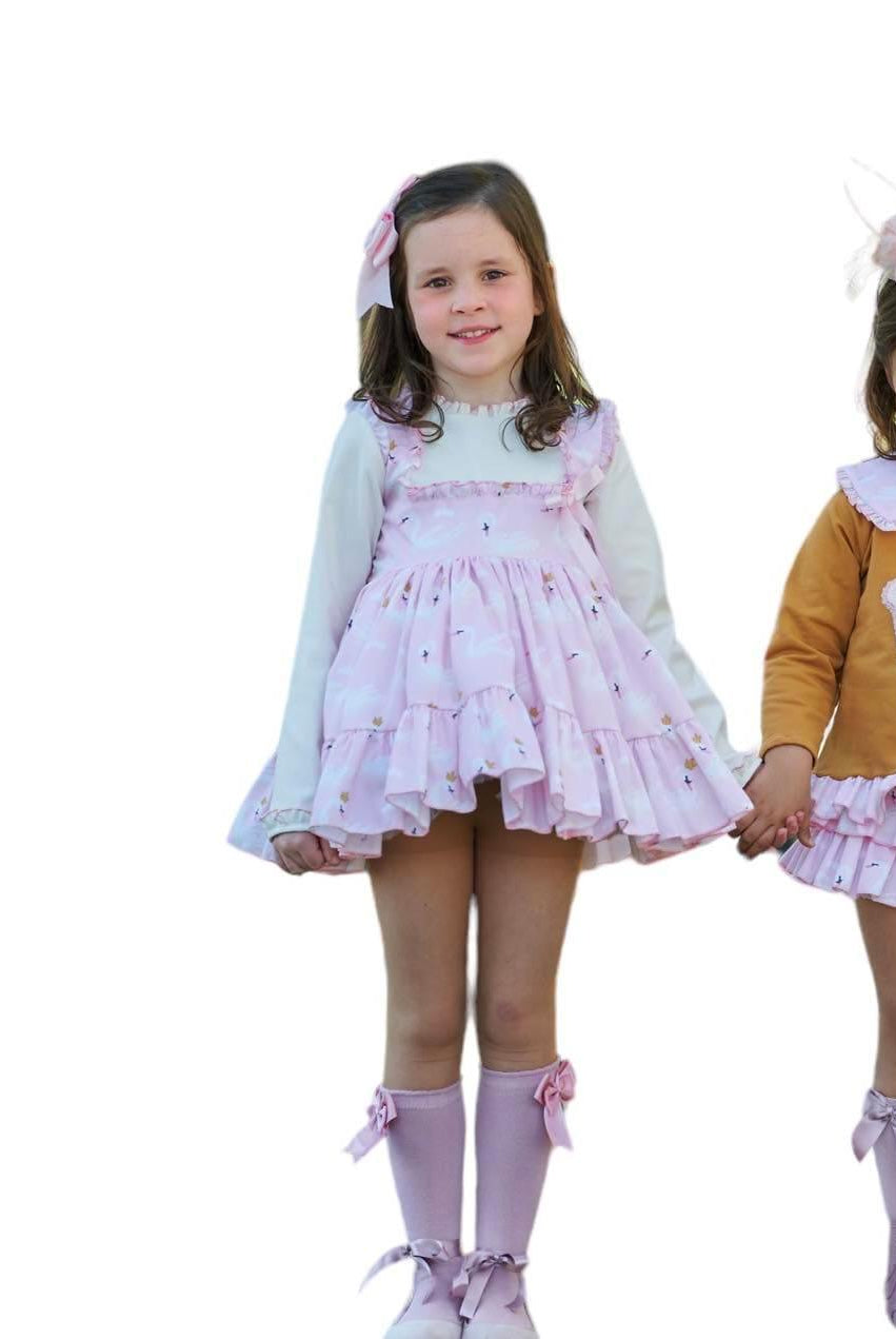CLEARANCE SALE Belcoquet - Girls Pink & Cream Swan Print Dress - Mariposa Children's Boutique