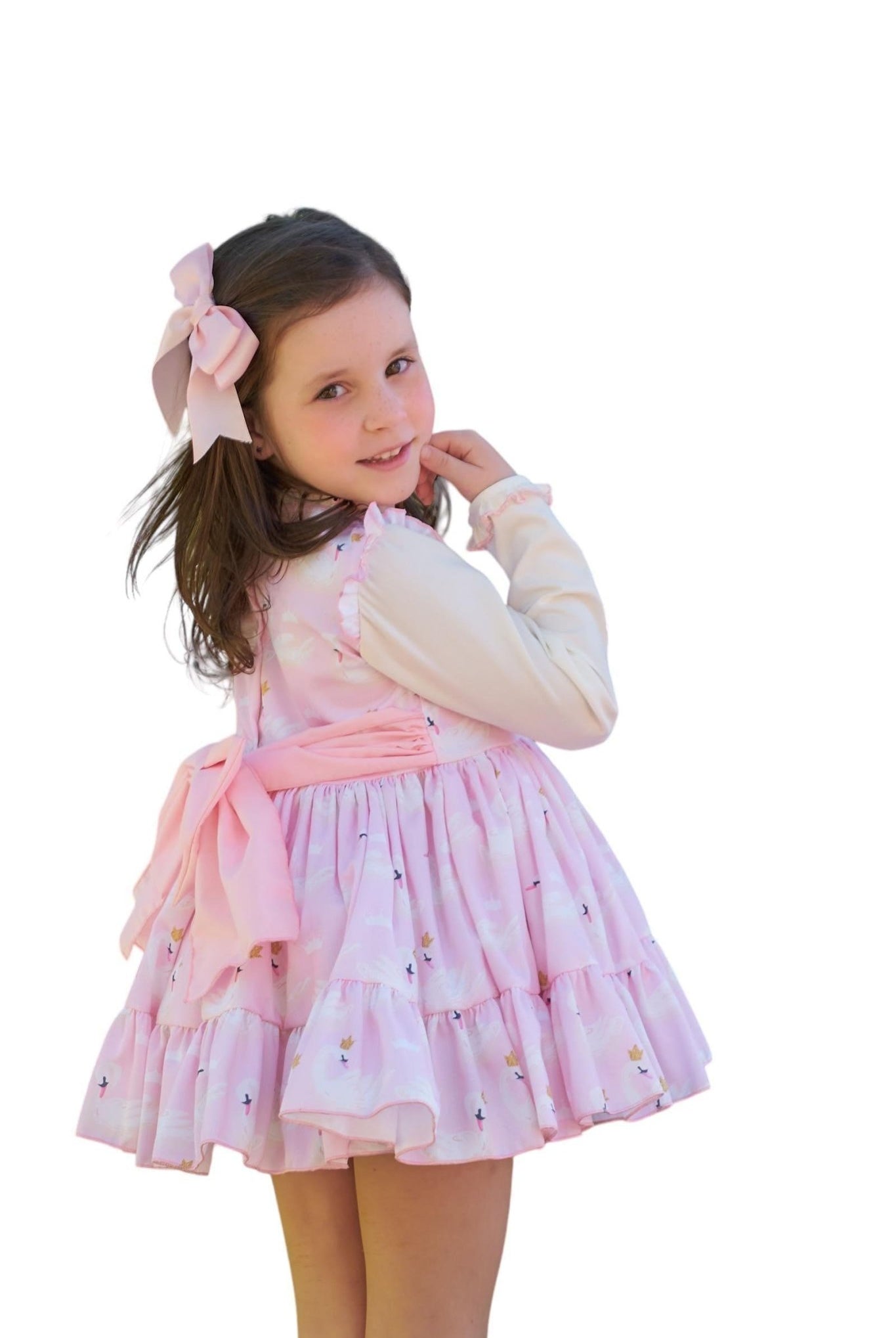 CLEARANCE SALE Belcoquet - Girls Pink & Cream Swan Print Dress - Mariposa Children's Boutique