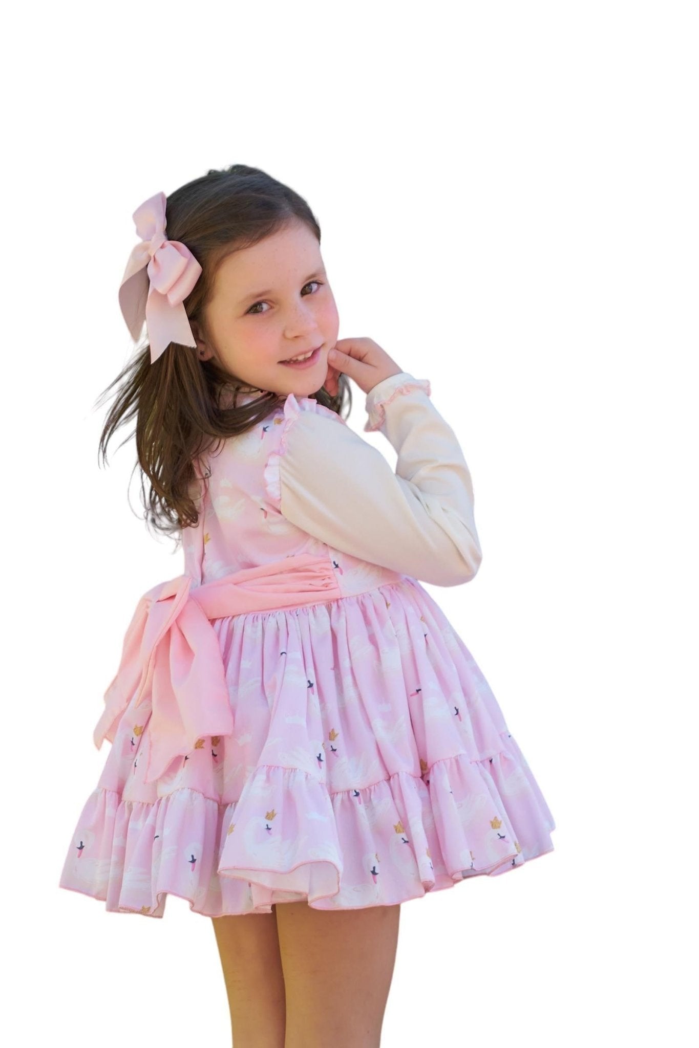 CLEARANCE SALE Belcoquet - Girls Pink & Cream Swan Print Dress - Mariposa Children's Boutique