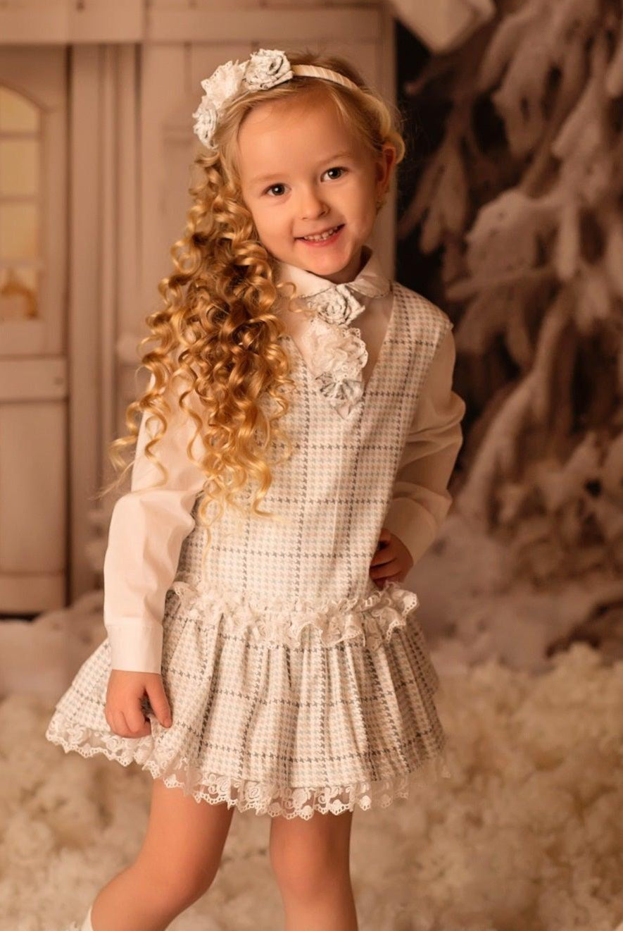 DAGA - Girls Crazy Love Grey Check Pinafore and Blouse Set