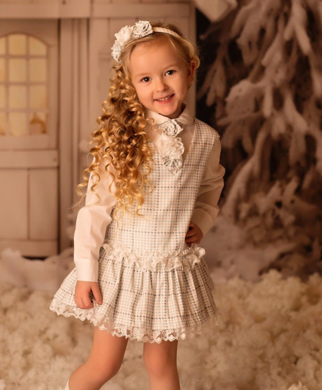 DAGA - Girls Crazy Love Grey Check Pinafore and Blouse Set