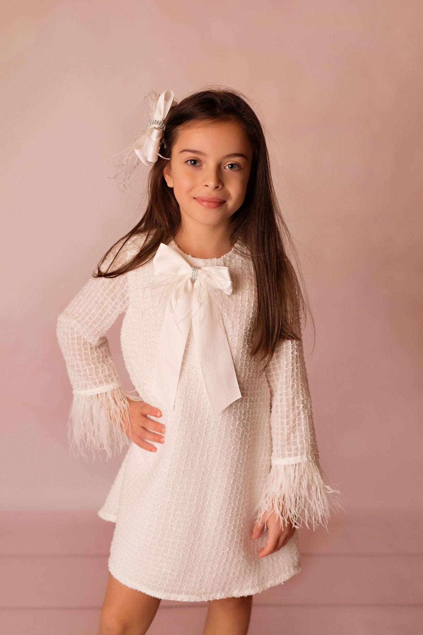 CLEARANCE SALE DAGA - Girls Cream Elegant A - Line Feather Dress - Mariposa Children's Boutique
