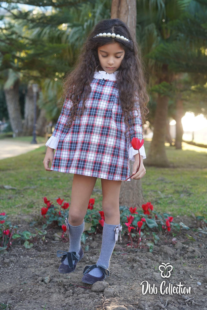 DBB Collection AW23 - Girls Grey, Navy & Red Check Dress - Mariposa Children's Boutique